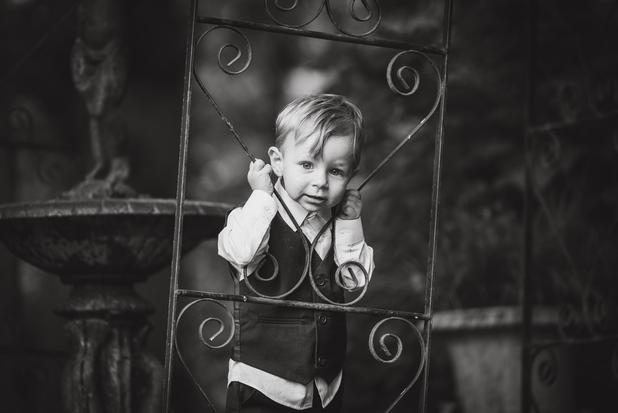 black and white image of little boy in garden by Norfolk family photographer Alison Armstrong